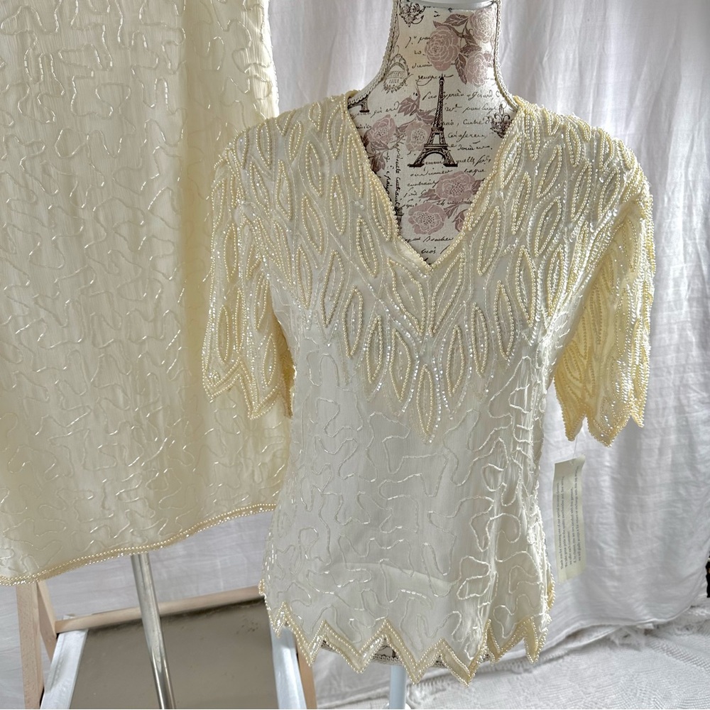 Vintage 80s Ivory Beaded SILK V Neck Top Skirt by Silky Nites Size Medium NWT